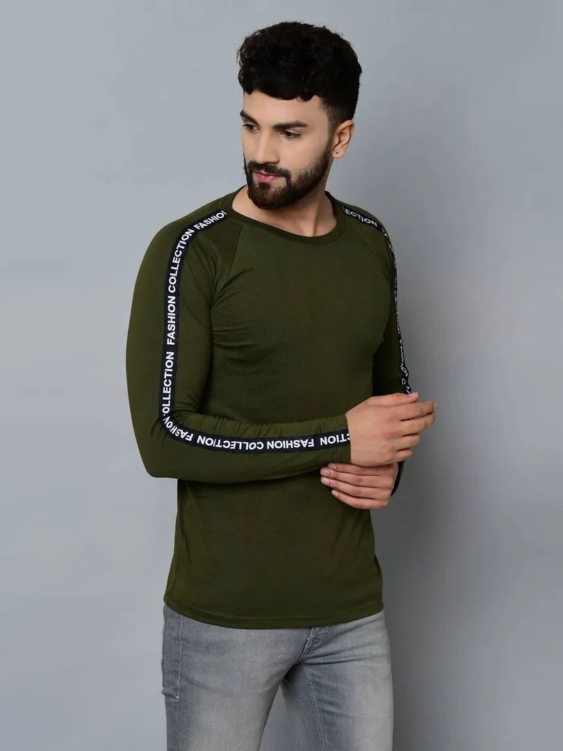 Men's Green Cotton Self Pattern Round Neck Tees