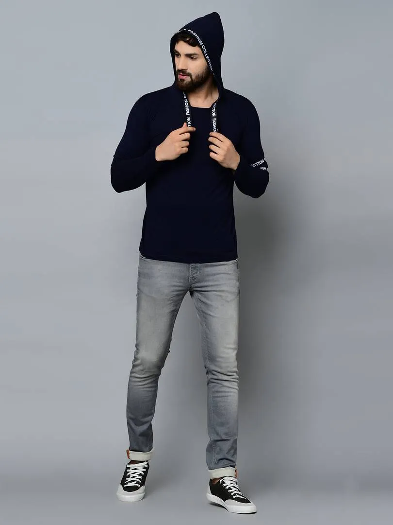 Men's Navy Blue Cotton Self Pattern Hooded Tees