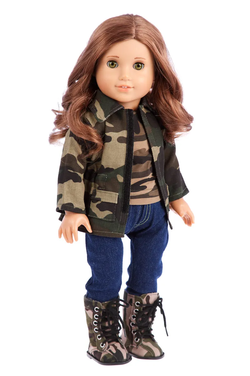 Military Style - 4 piece doll outfit - Camouflage Jacket, T-shirt, Jeans and Camouflage Boots