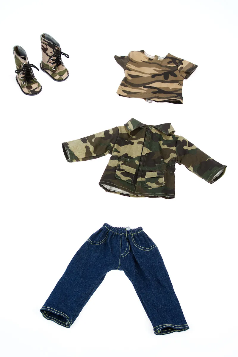 Military Style - 4 piece doll outfit - Camouflage Jacket, T-shirt, Jeans and Camouflage Boots