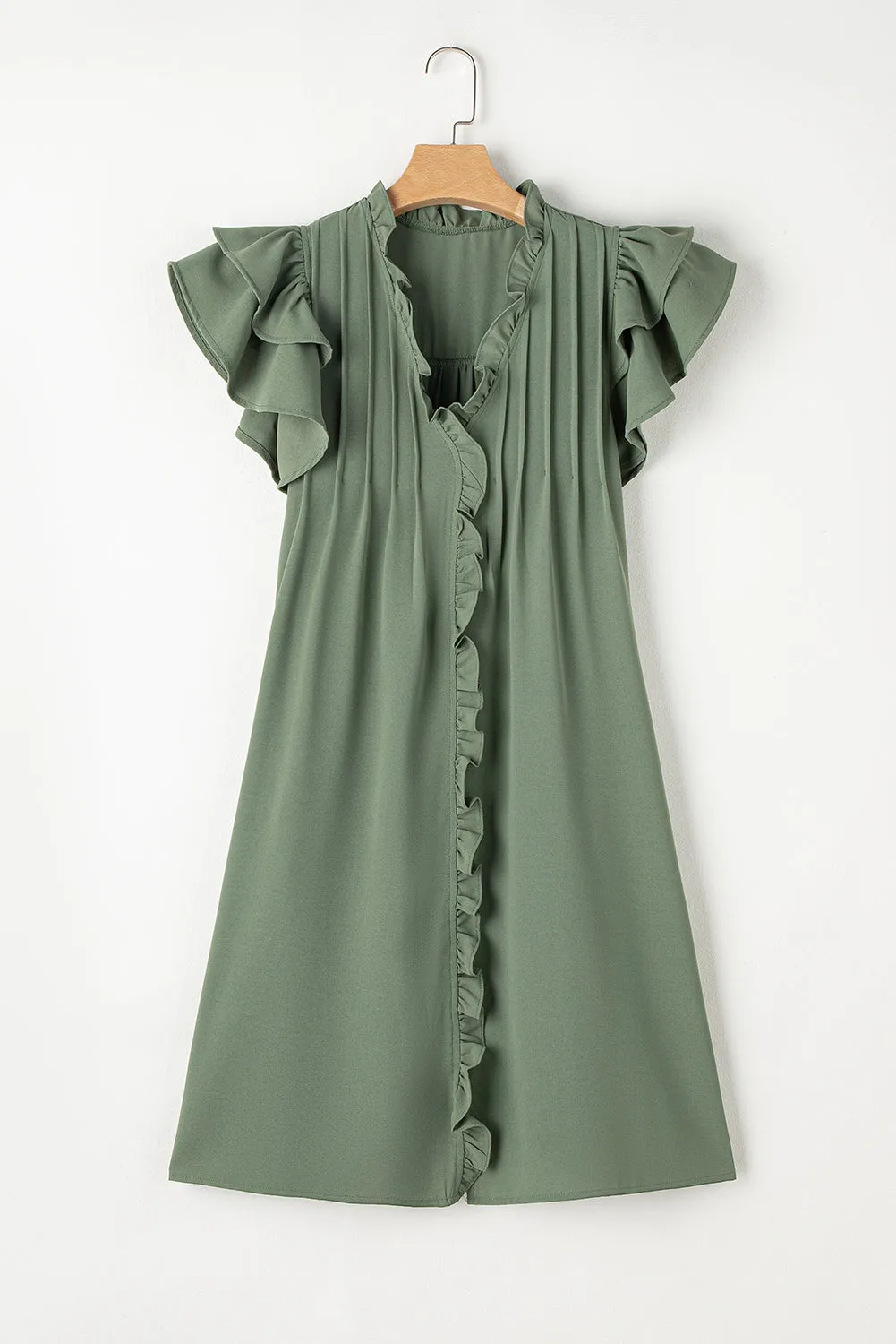 Mist Green Ruffle Sleeve V Neck Frilled Shift Dress