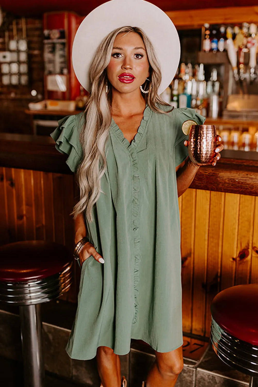 Mist Green Ruffle Sleeve V Neck Frilled Shift Dress