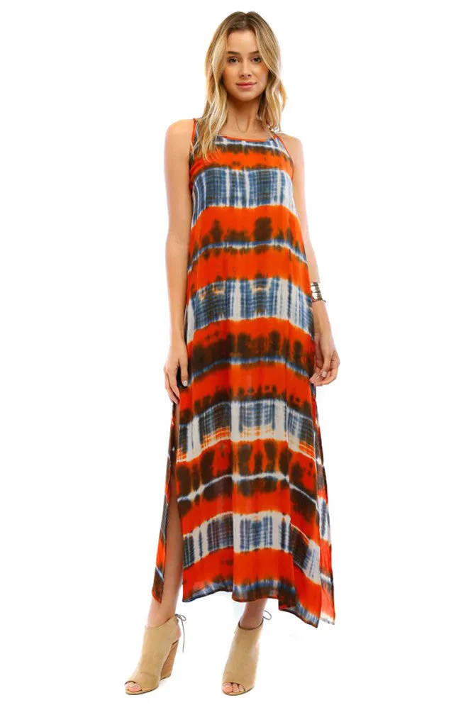 Orange Tie Dye Open Back Cut Out Womens Maxi Dress with Slits