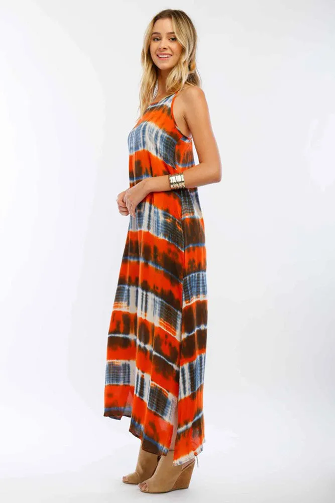 Orange Tie Dye Open Back Cut Out Womens Maxi Dress with Slits