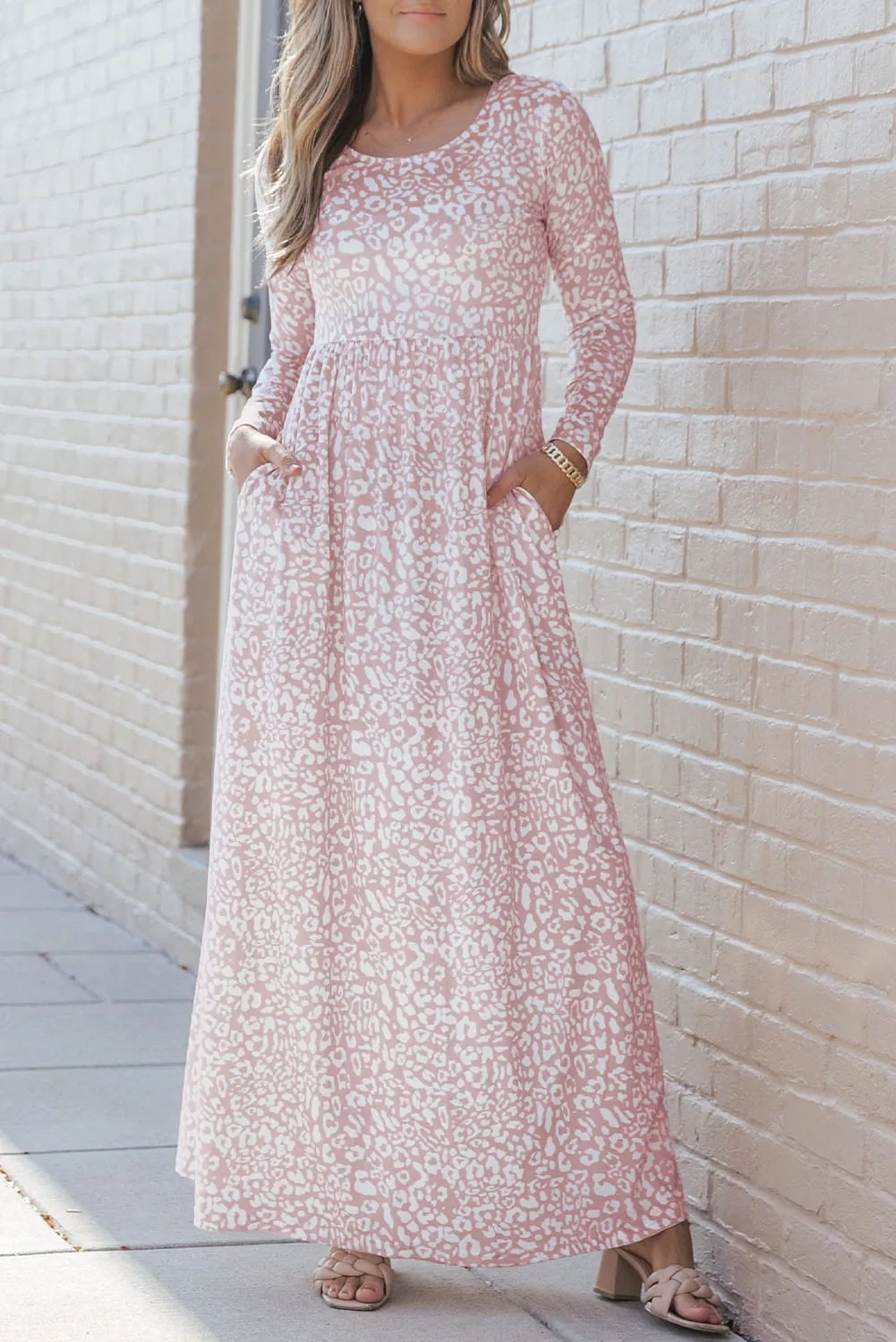 Pink Empire Print Long Sleeve Maxi Dress with Pockets