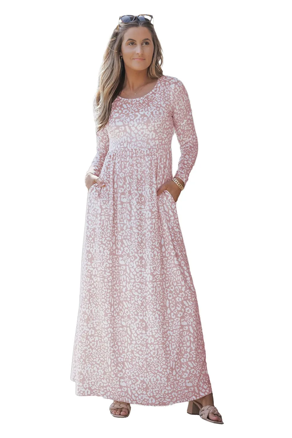 Pink Empire Print Long Sleeve Maxi Dress with Pockets