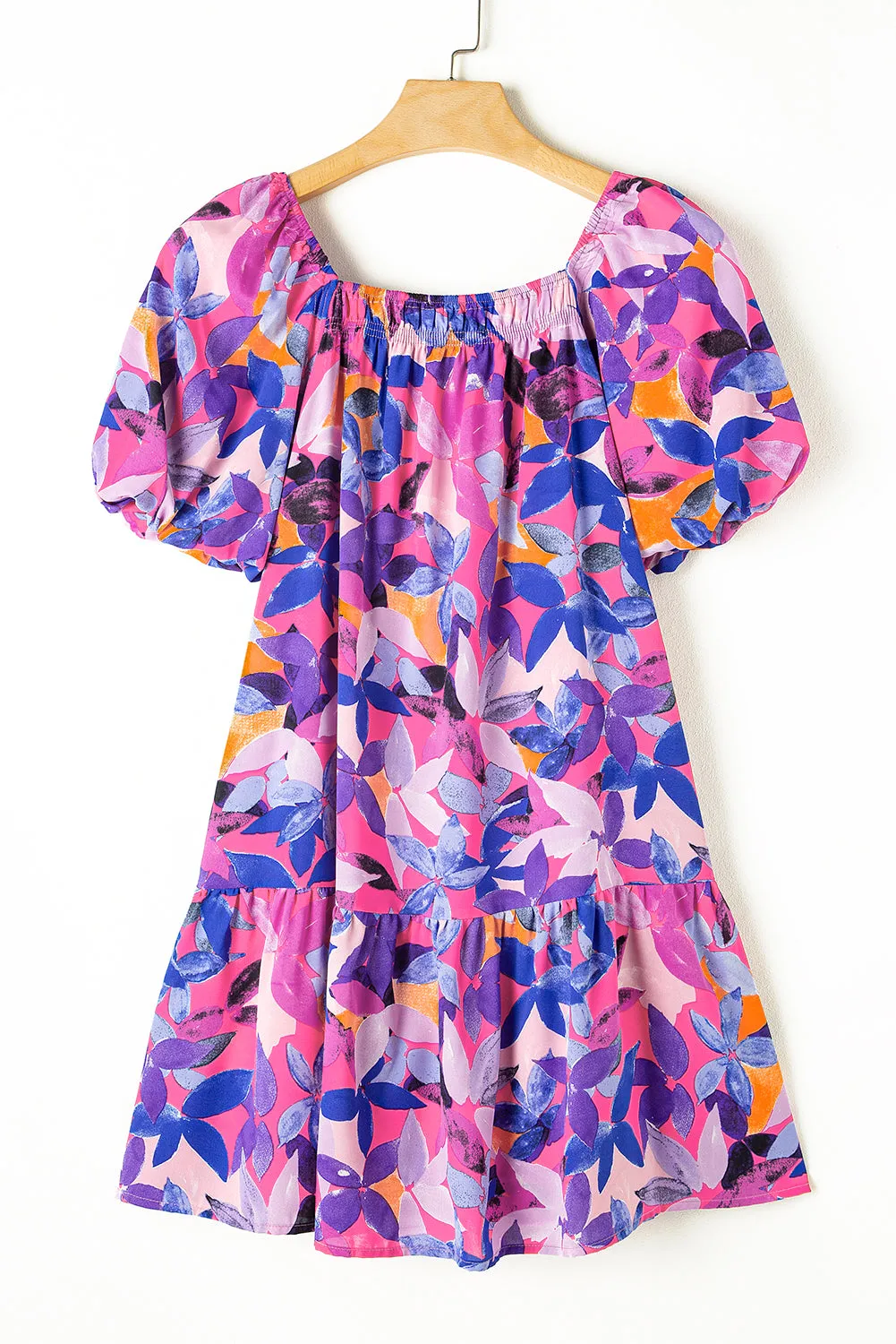 Purple Flower Print Short Puff Sleeve Ruffled Dress