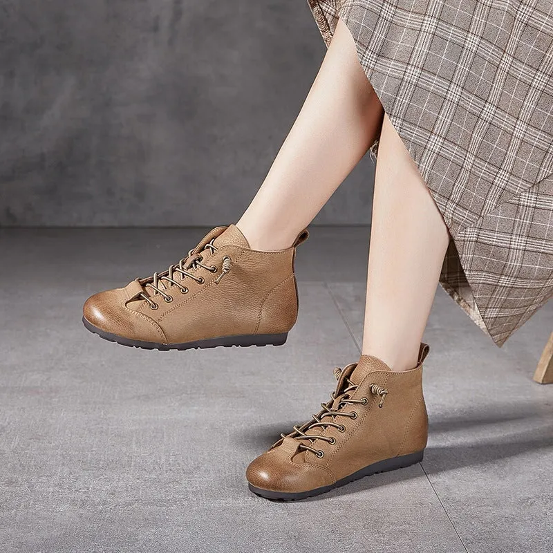 Retro Handmade Genuine Leather Barefoot Boots Lace-Up Ankle Boots in Camel/Coffee