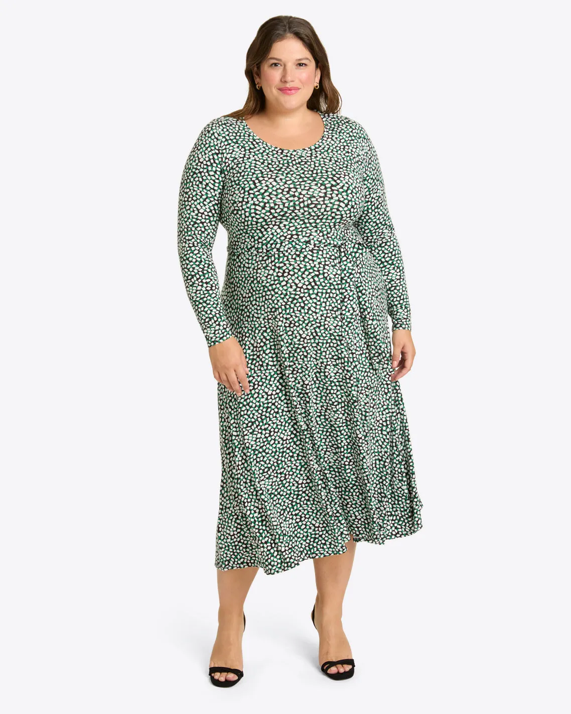 Robin Long Sleeve Midi Dress in Green Square Dot