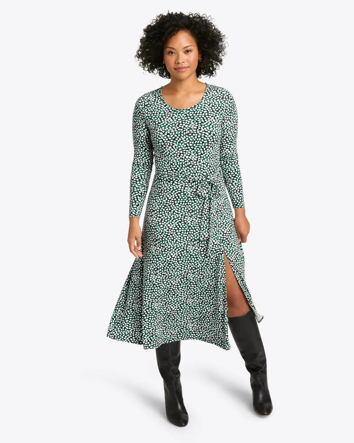 Robin Long Sleeve Midi Dress in Green Square Dot