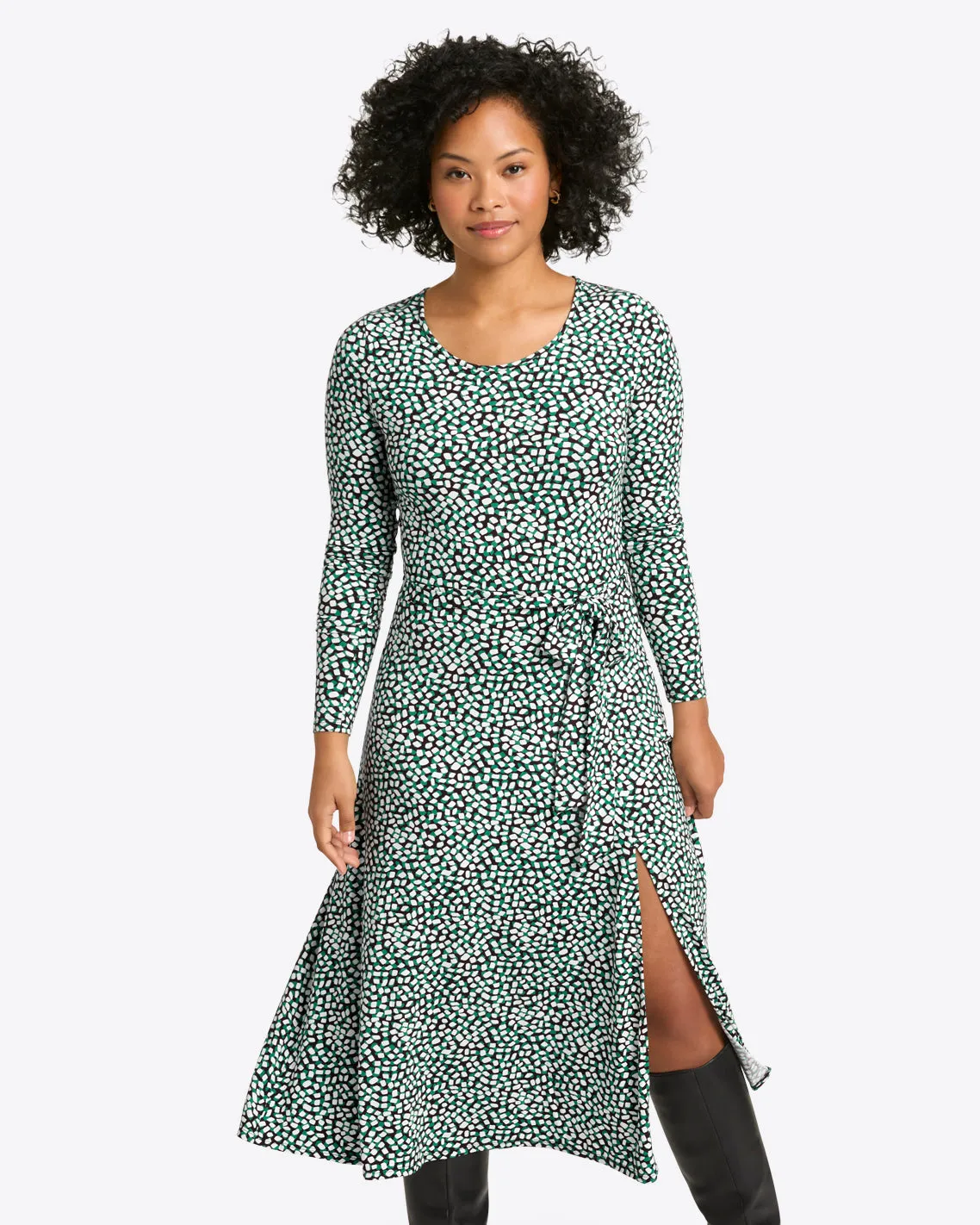 Robin Long Sleeve Midi Dress in Green Square Dot