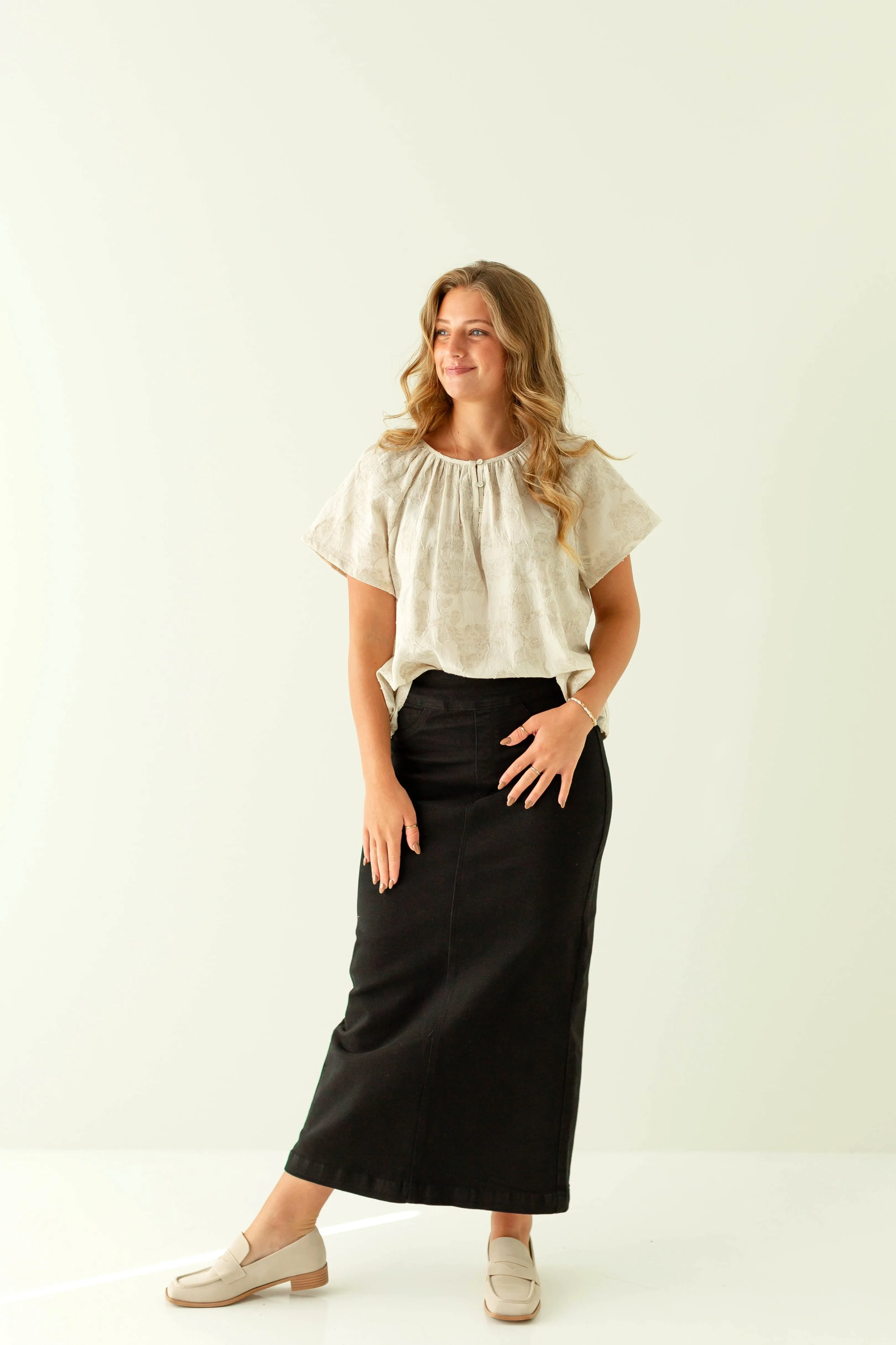 'Sara' Long Stretch Denim Skirt in Black