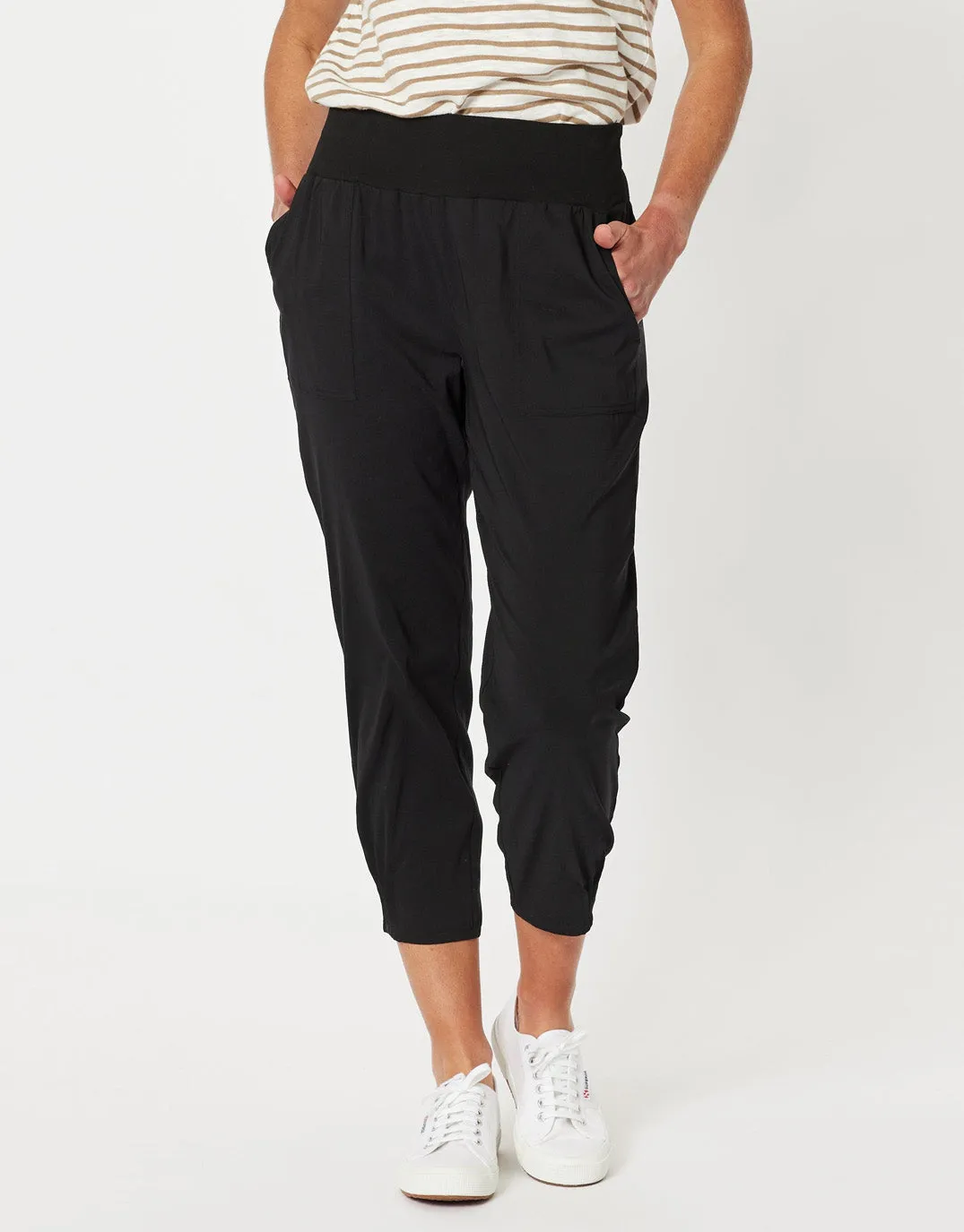 Sarah Rib Waist Linen Pants - Black