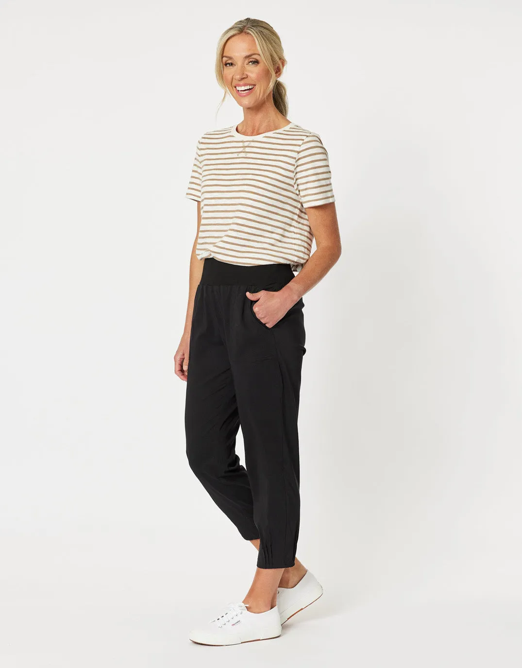 Sarah Rib Waist Linen Pants - Black