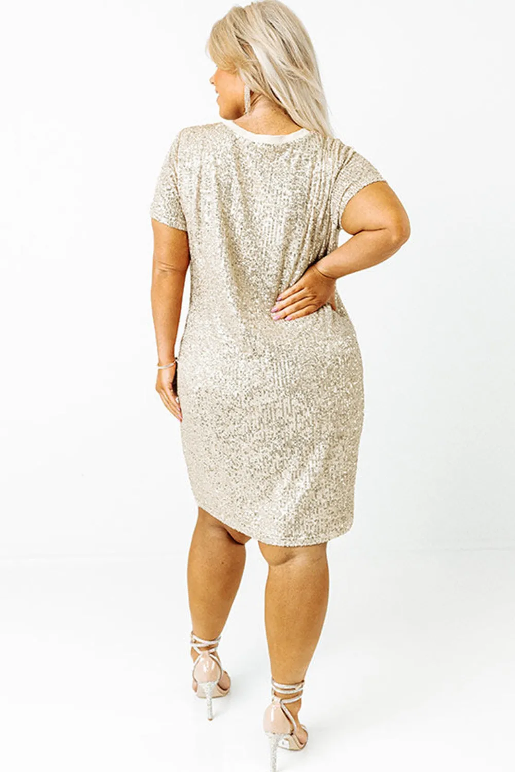 Silvery Plus Size Sequin Short Sleeve T Shirt Dress