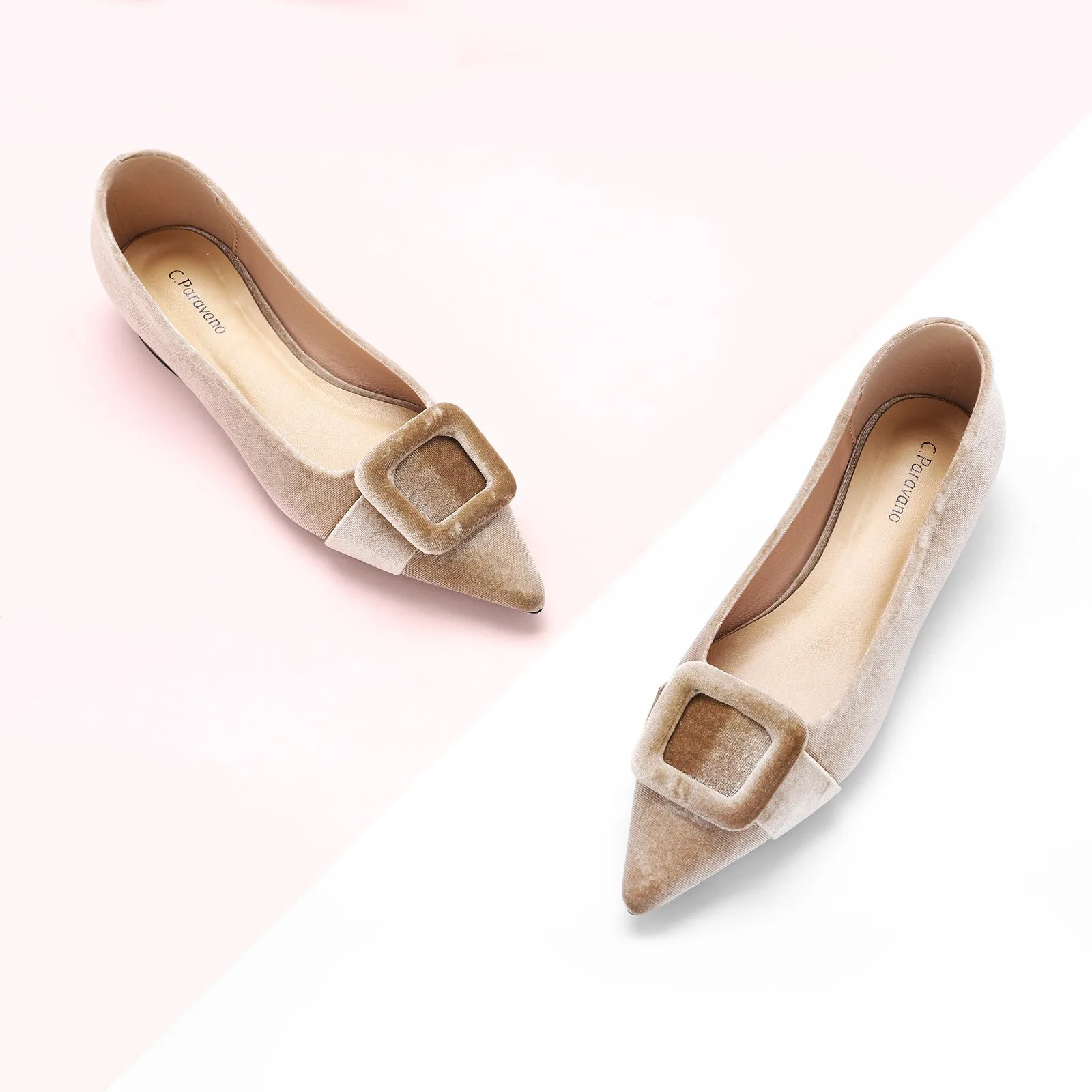 Square Buckle Velvet Flats (Aida) Camel