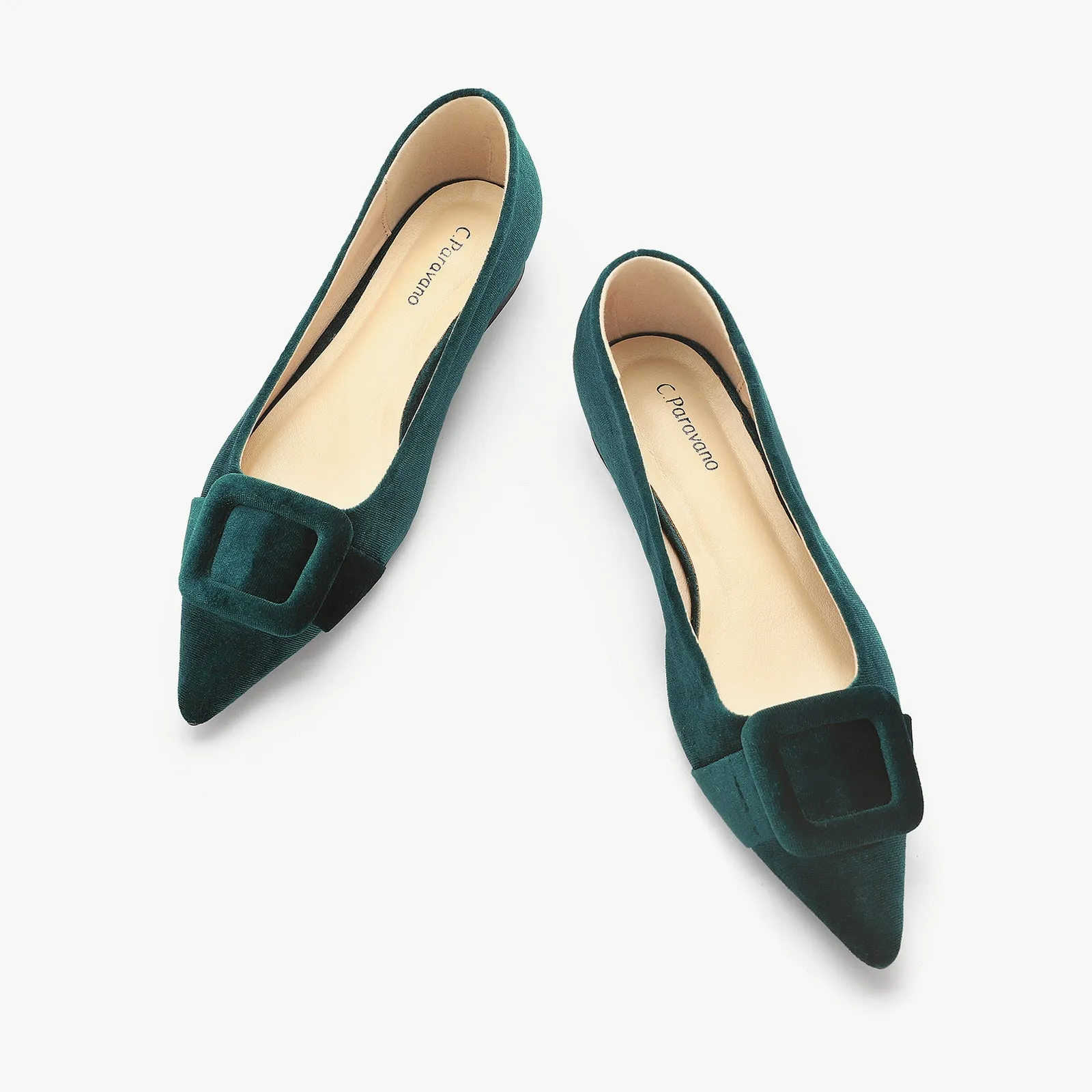 Square Buckle Velvet Flats (Aida) Dark Green