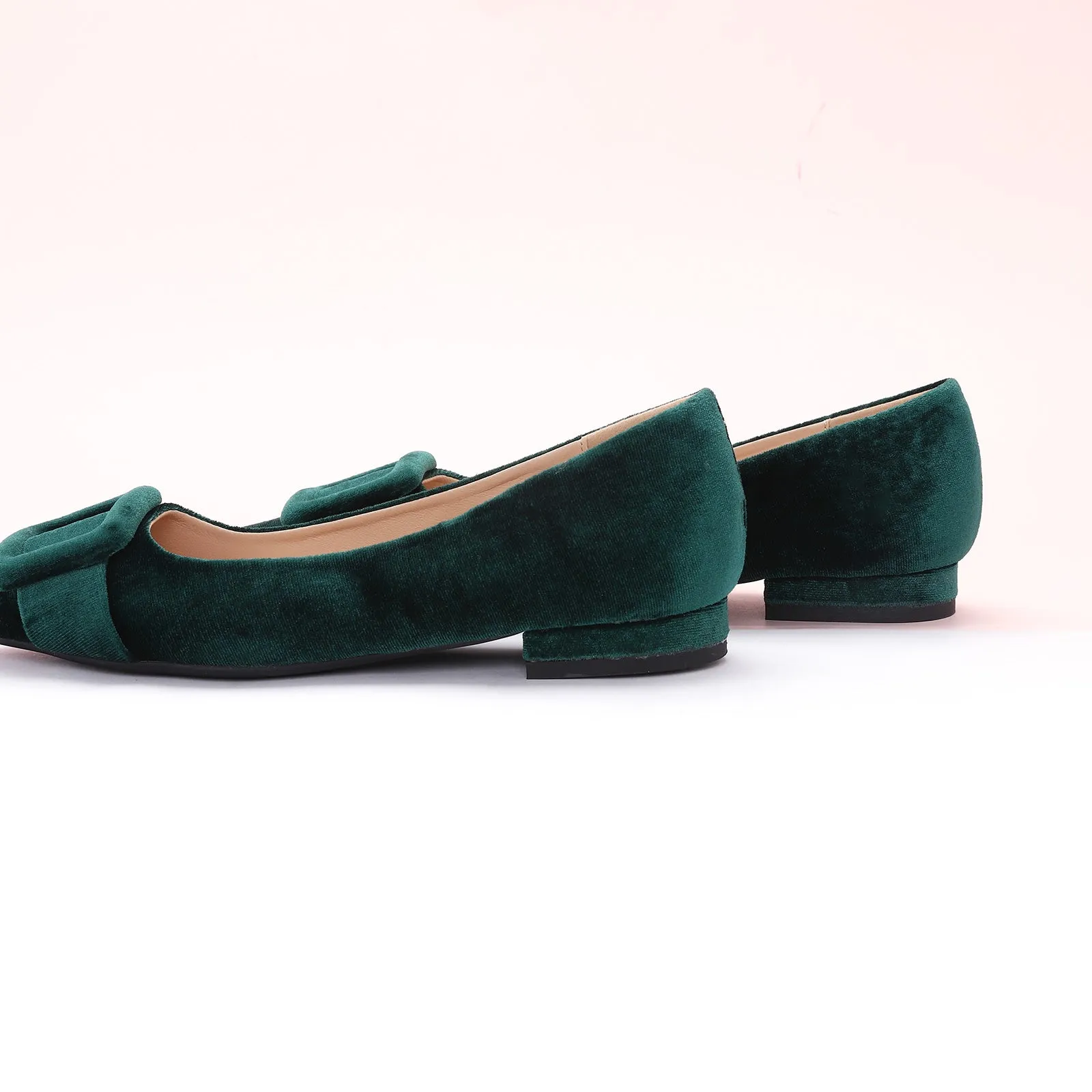 Square Buckle Velvet Flats (Aida) Dark Green