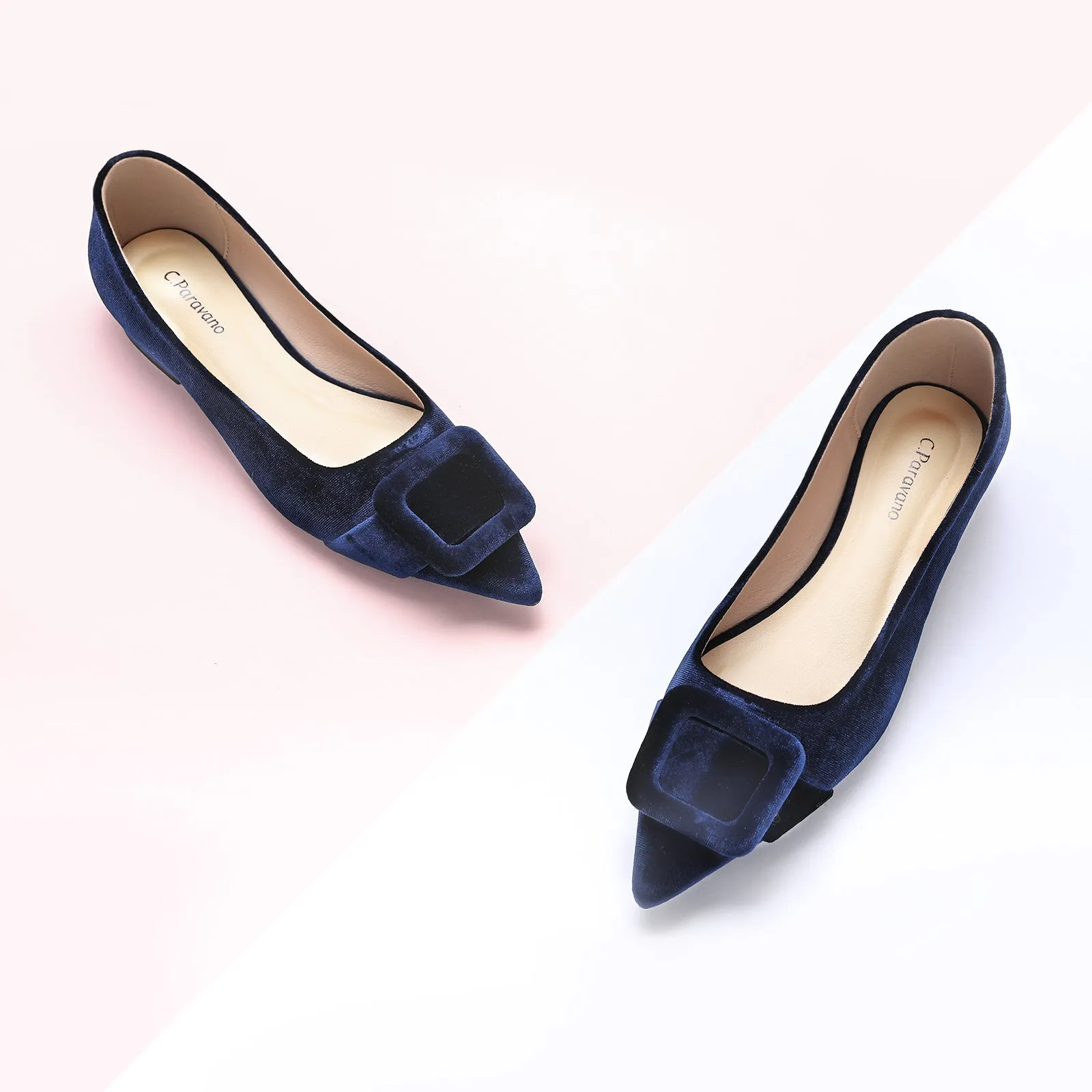 Square Buckle Velvet Flats (Aida) Navy