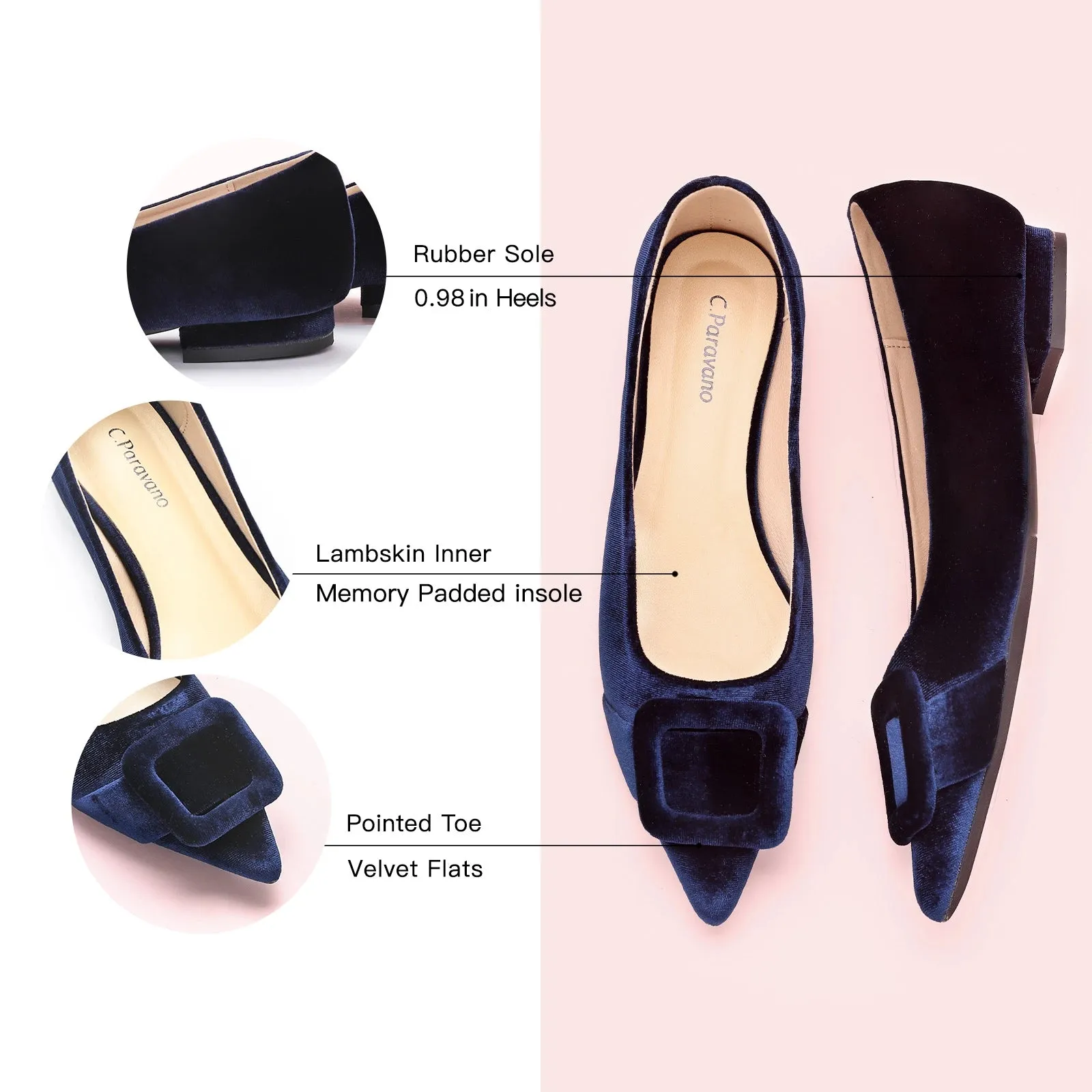 Square Buckle Velvet Flats (Aida) Navy