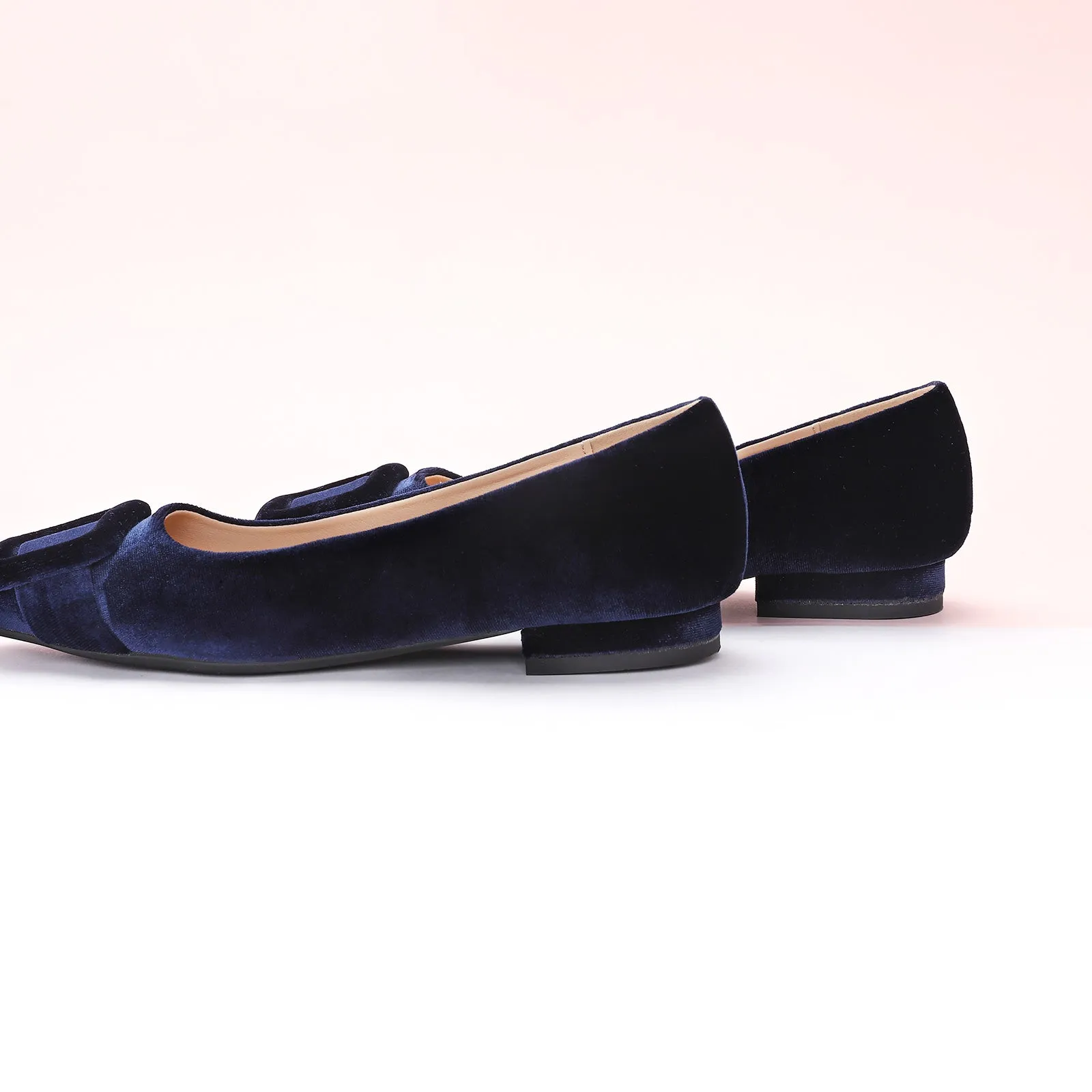 Square Buckle Velvet Flats (Aida) Navy