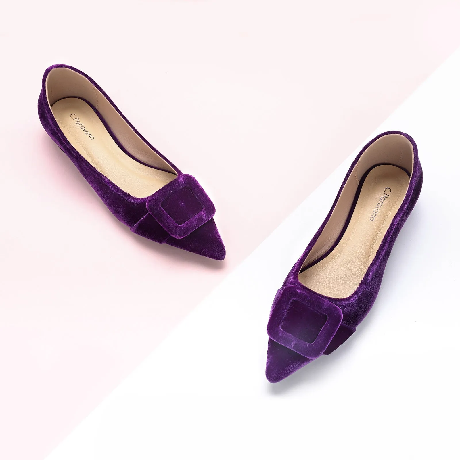 Square Buckle Velvet Flats (Aida) Purple