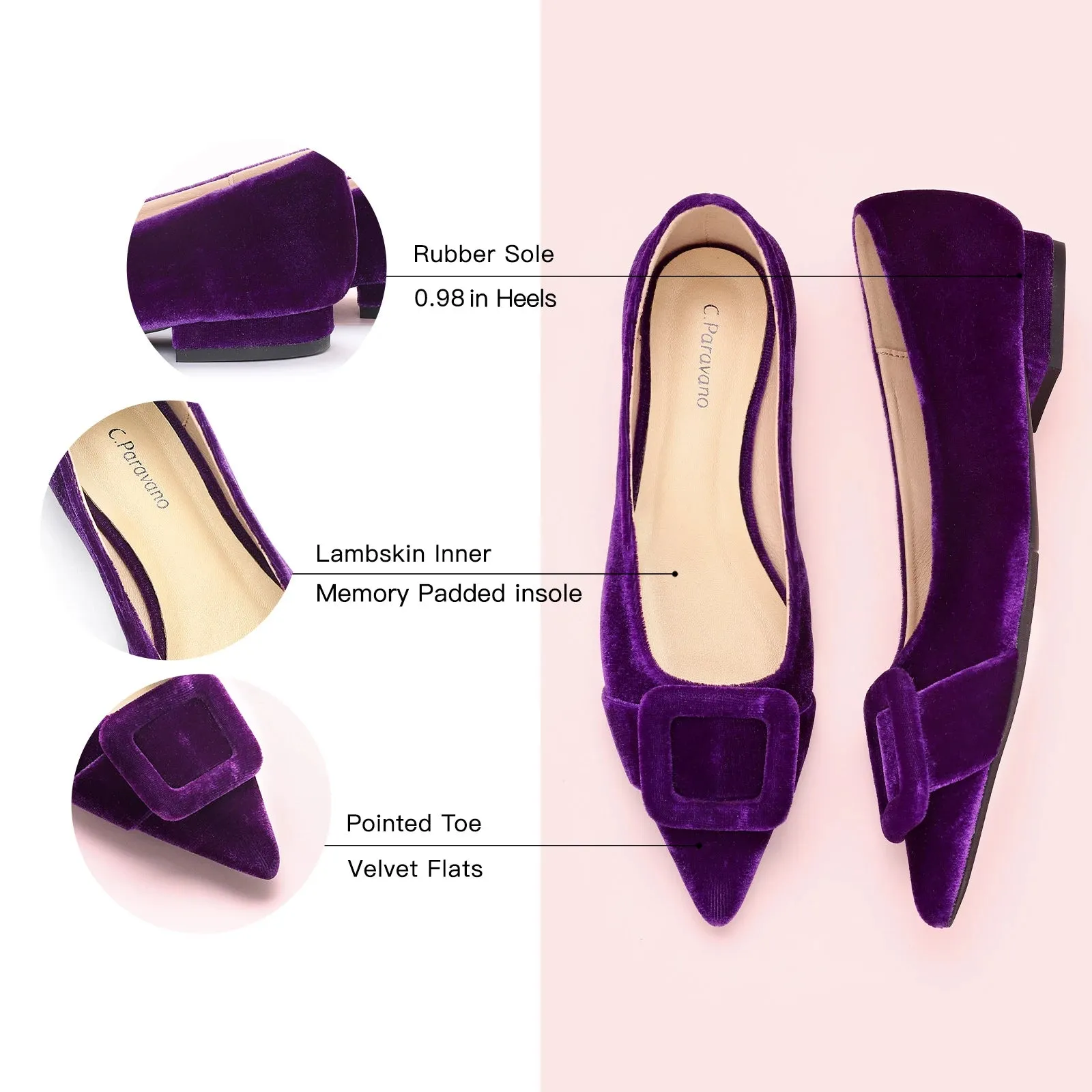 Square Buckle Velvet Flats (Aida) Purple