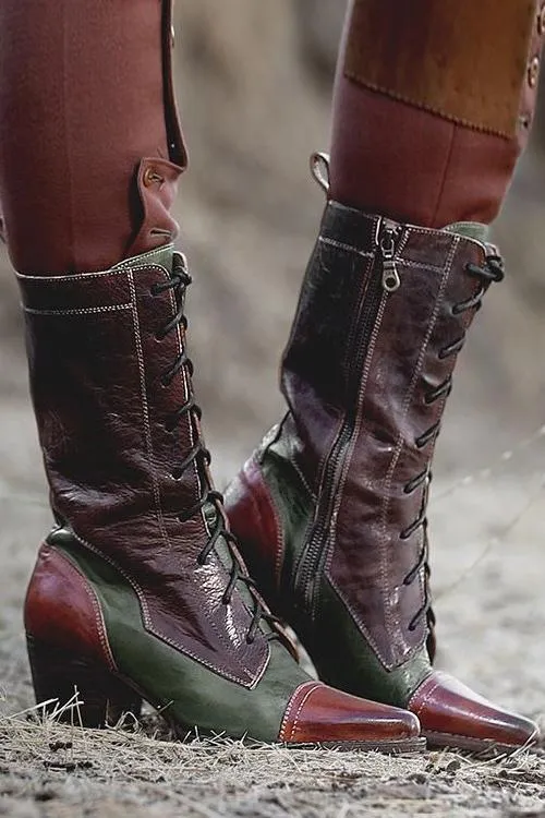 Viantage Leather Lace Up Chunky Heel Boots