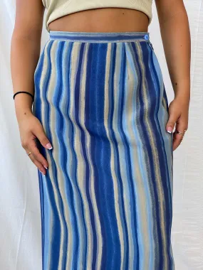 Vintage Handmade Striped Blue and Beige Beach Maxi Skirt - M