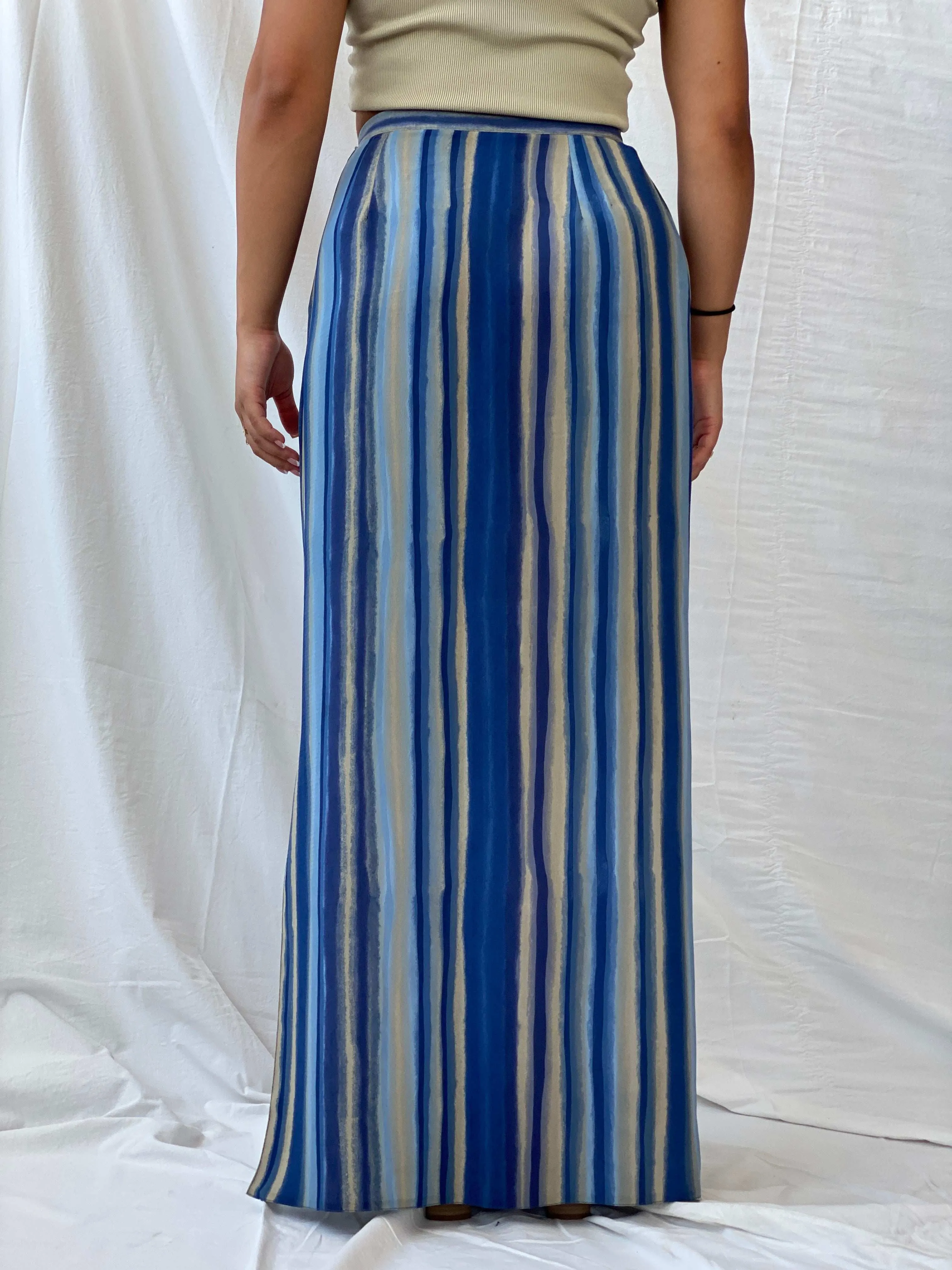 Vintage Handmade Striped Blue and Beige Beach Maxi Skirt - M