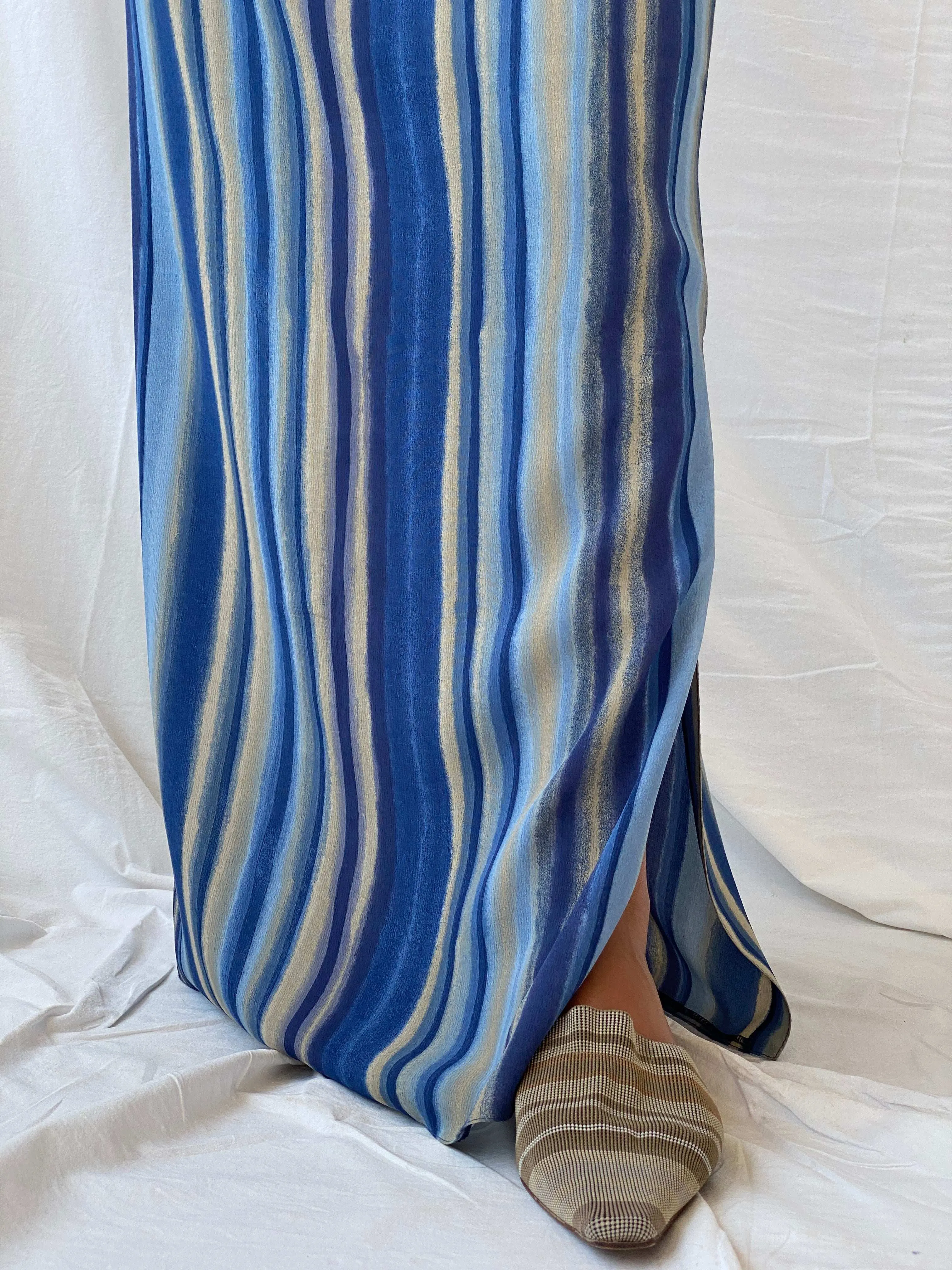 Vintage Handmade Striped Blue and Beige Beach Maxi Skirt - M