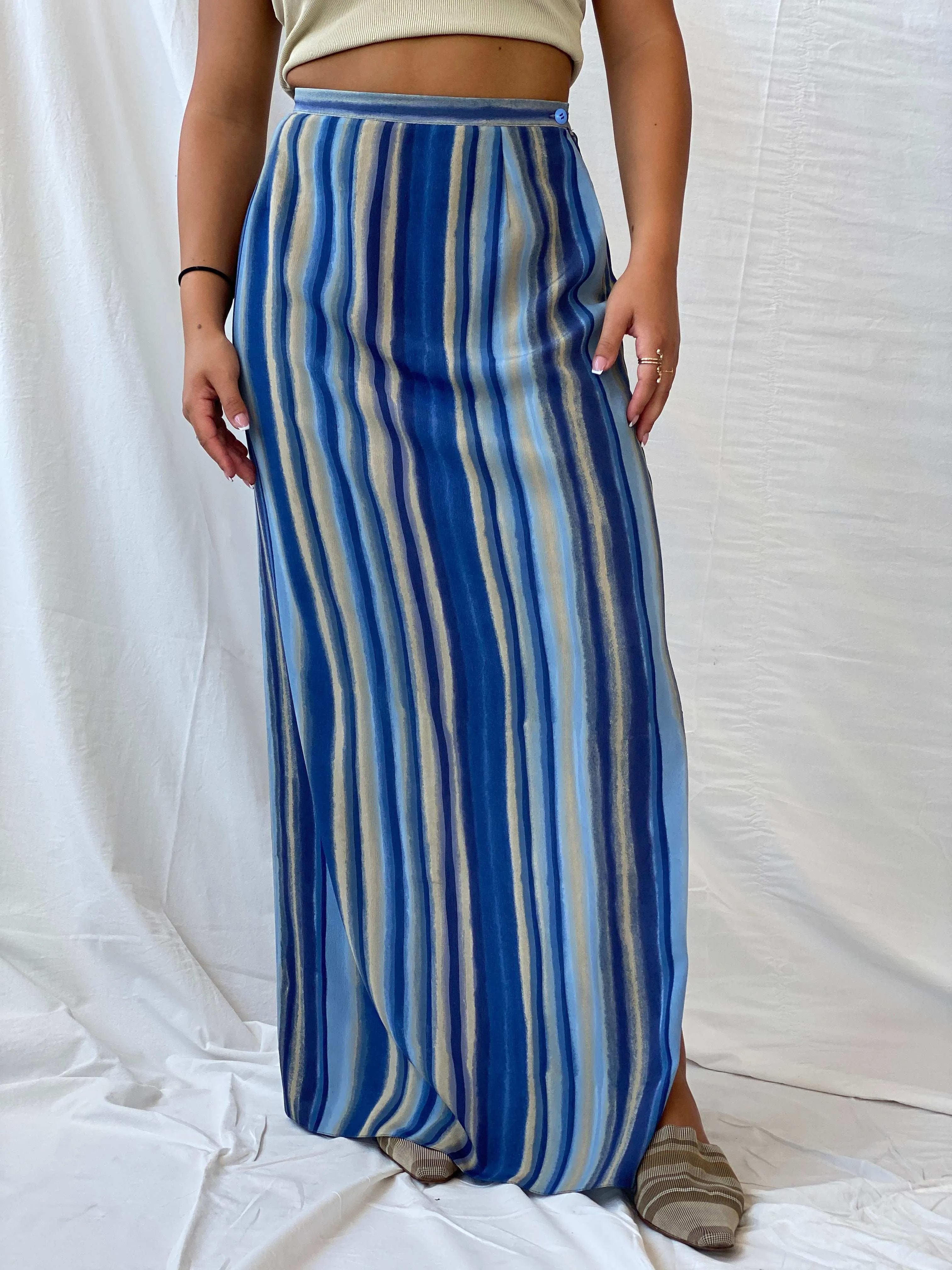 Vintage Handmade Striped Blue and Beige Beach Maxi Skirt - M