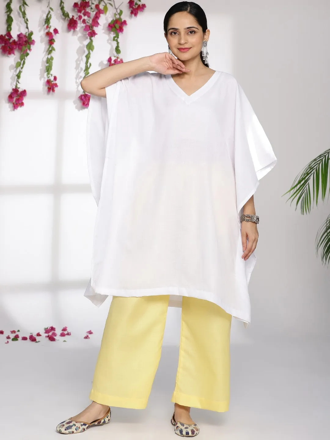 White CottonSlub Long Kaftan & Yellow Palazzo