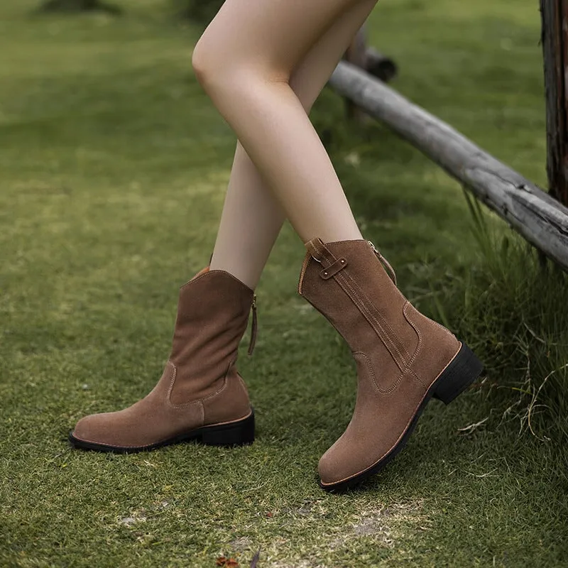 Womens Block Heel Suede Leather Short Boots Back Zipper in Khaki/Black/Camel US5 To US10.5