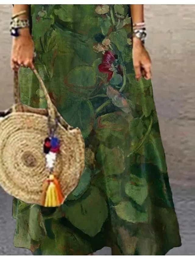 Women's Casual Dress Ethnic Dress Long Dress Maxi Dress Green 3/4 Length Sleeve Floral Print Summer Spring Fall V Neck Classic Vacation 2023 S M L XL XXL 3XL 4XL