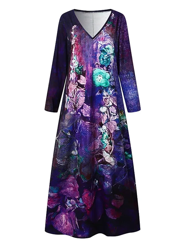 Women's Casual Dress Ethnic Dress Long Dress Maxi Dress Green 3/4 Length Sleeve Floral Print Summer Spring Fall V Neck Classic Vacation 2023 S M L XL XXL 3XL 4XL