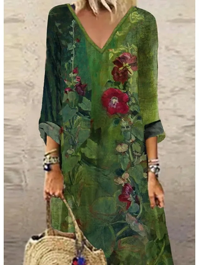 Women's Casual Dress Ethnic Dress Long Dress Maxi Dress Green 3/4 Length Sleeve Floral Print Summer Spring Fall V Neck Classic Vacation 2023 S M L XL XXL 3XL 4XL