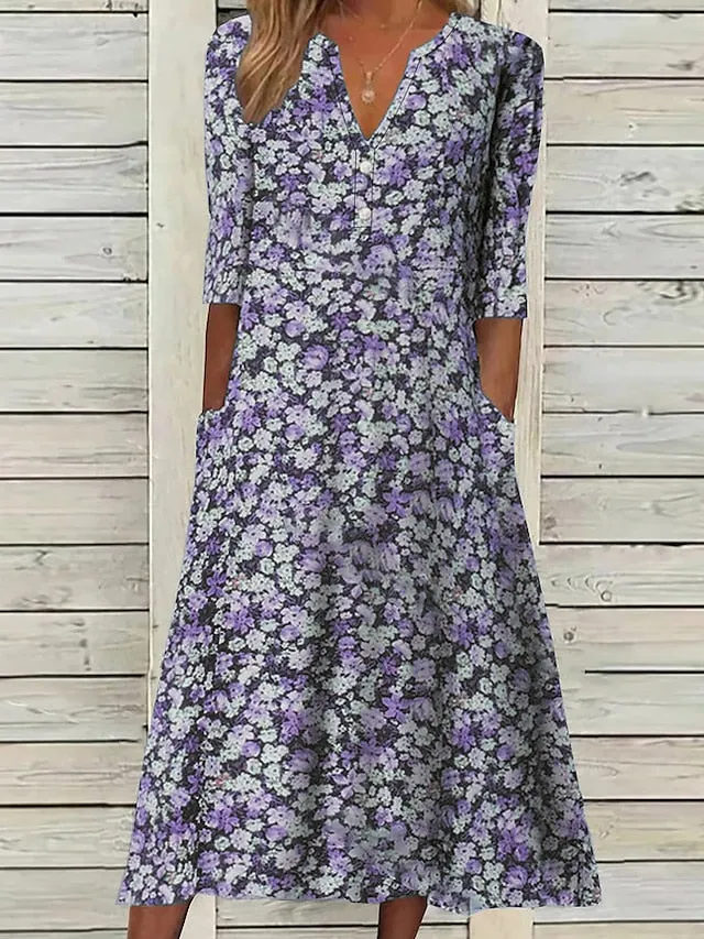 Women's Casual Dress Floral Dress Midi Dress Blue Purple Green Half Sleeve Floral Ruched Summer Spring V Neck Stylish Vacation 2023 S M L XL XXL 3XL