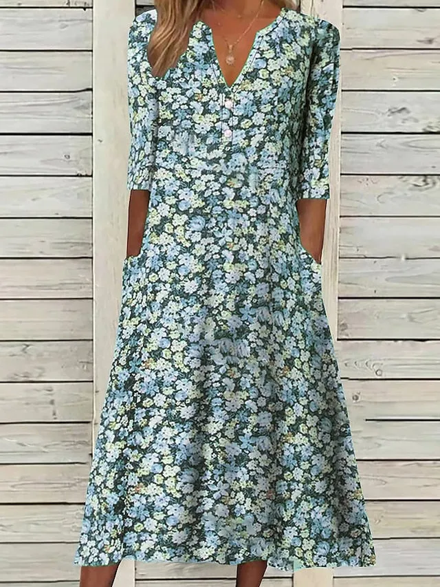 Women's Casual Dress Floral Dress Midi Dress Blue Purple Green Half Sleeve Floral Ruched Summer Spring V Neck Stylish Vacation 2023 S M L XL XXL 3XL