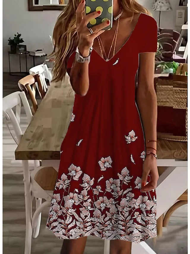 Women's Casual Dress Floral Dress Midi Dress White Short Sleeve Floral Print Spring Summer V Neck Basic Daily Weekend Summer Dress 2023 S M L XL XXL 3XL