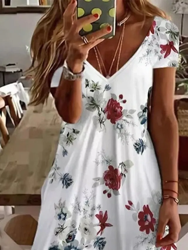 Women's Casual Dress Floral Dress Midi Dress White Short Sleeve Floral Print Spring Summer V Neck Basic Daily Weekend Summer Dress 2023 S M L XL XXL 3XL