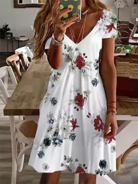 Women's Casual Dress Floral Dress Midi Dress White Short Sleeve Floral Print Spring Summer V Neck Basic Daily Weekend Summer Dress 2023 S M L XL XXL 3XL