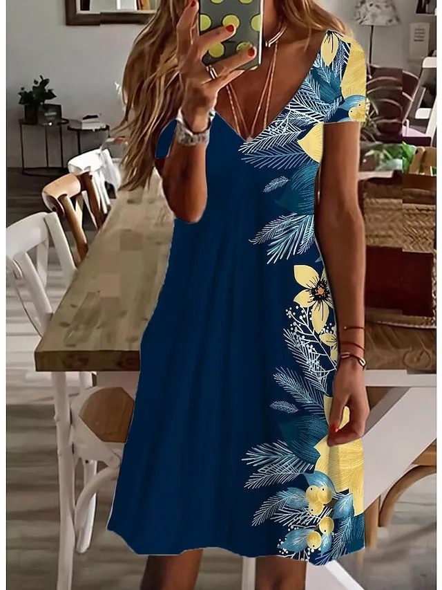 Women's Casual Dress Floral Dress Midi Dress White Short Sleeve Floral Print Spring Summer V Neck Basic Daily Weekend Summer Dress 2023 S M L XL XXL 3XL