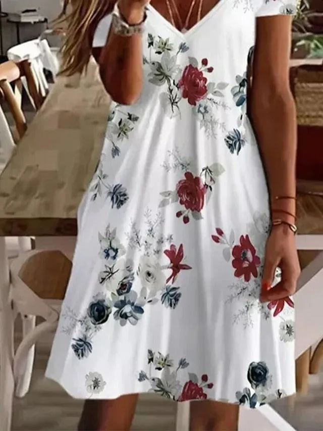 Women's Casual Dress Floral Dress Midi Dress White Short Sleeve Floral Print Spring Summer V Neck Basic Daily Weekend Summer Dress 2023 S M L XL XXL 3XL