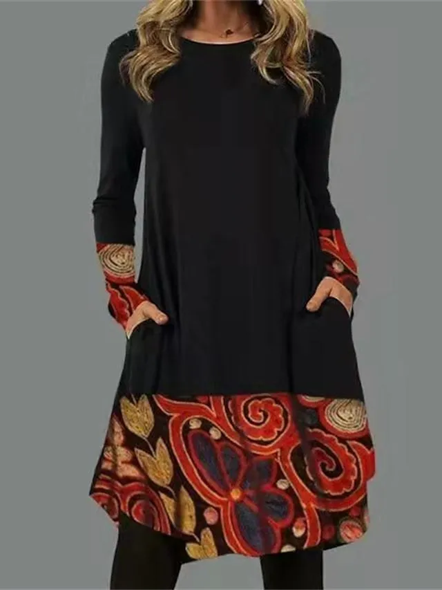 Women's Casual Dress T Shirt Dress Tee Dress Ethnic Dress Mini Dress Black Light Green Pink Long Sleeve Floral Pocket Winter Fall Spring Crew Neck Basic Winter Dress Daily Vacation 2023 S M L XL XXL