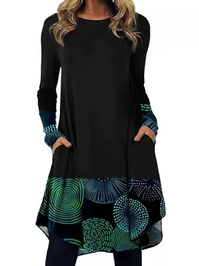 Women's Casual Dress T Shirt Dress Tee Dress Ethnic Dress Mini Dress Black Light Green Pink Long Sleeve Floral Pocket Winter Fall Spring Crew Neck Basic Winter Dress Daily Vacation 2023 S M L XL XXL