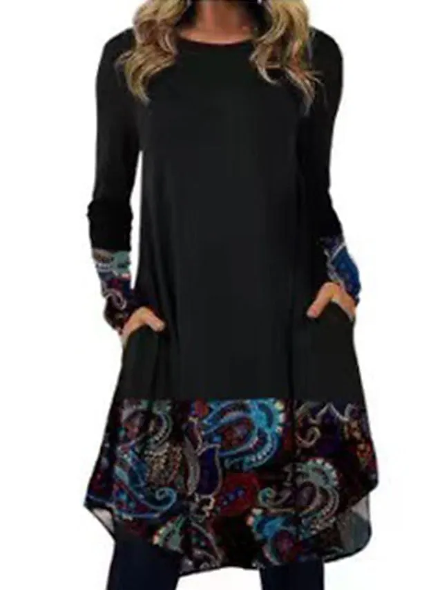 Women's Casual Dress T Shirt Dress Tee Dress Ethnic Dress Mini Dress Black Light Green Pink Long Sleeve Floral Pocket Winter Fall Spring Crew Neck Basic Winter Dress Daily Vacation 2023 S M L XL XXL