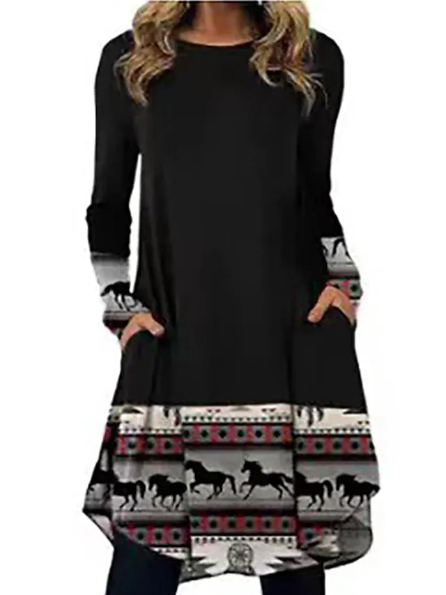 Women's Casual Dress T Shirt Dress Tee Dress Ethnic Dress Mini Dress Black Light Green Pink Long Sleeve Floral Pocket Winter Fall Spring Crew Neck Basic Winter Dress Daily Vacation 2023 S M L XL XXL