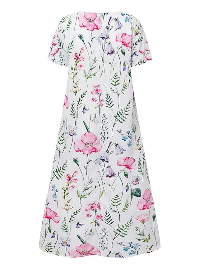 Women's Casual Dress T Shirt Dress Tee Dress Shift Dress Midi Dress White Yellow Pink Short Sleeve Floral Print Summer Spring V Neck Basic Vacation Summer Dress Spring Dress 2023 S M L XL XXL 3XL