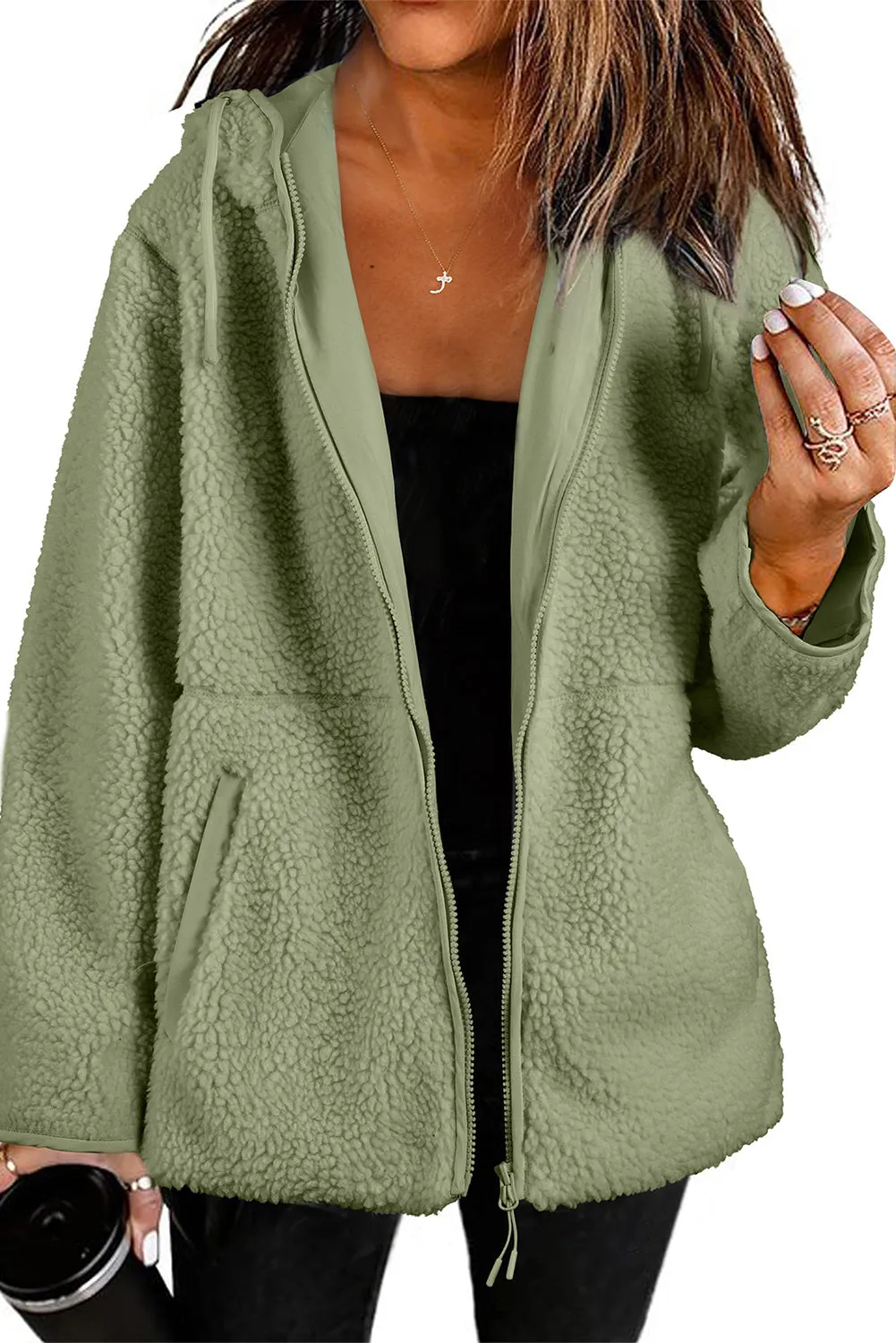 Womens Fleece Jackets Solid Zip Up Coats Long Sleeve Fuzzy Hooded Jacket with Pockets